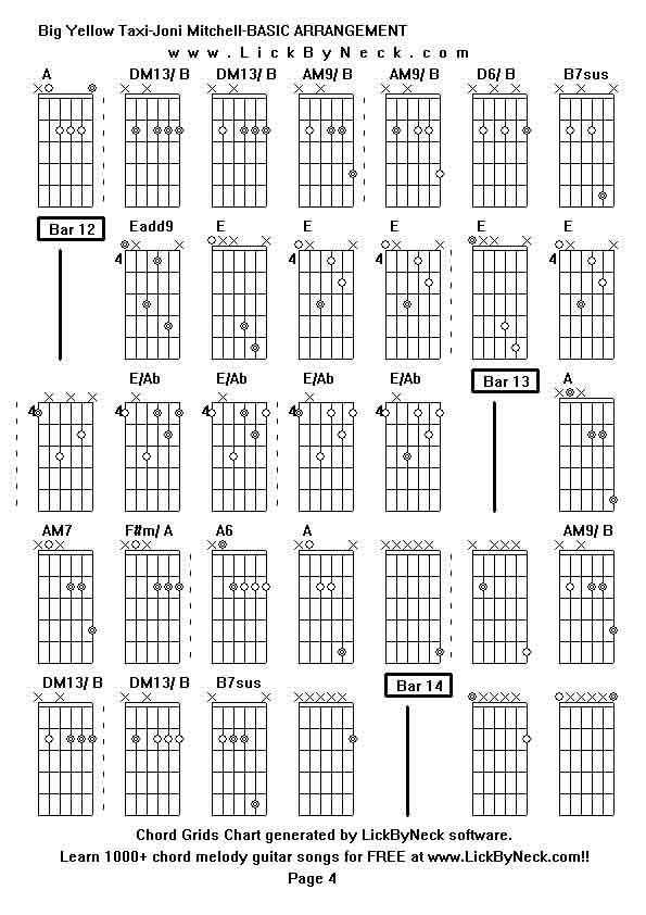 Chord Grids Chart of chord melody fingerstyle guitar song-Big Yellow Taxi-Joni Mitchell-BASIC ARRANGEMENT,generated by LickByNeck software.